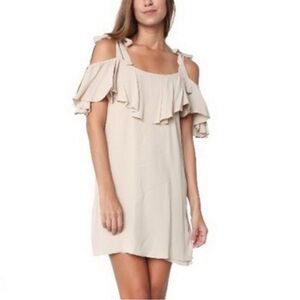 Misa Los Angeles Emil Dress in Stone Tan Taupe Ruffle Off Shoulder Size Small